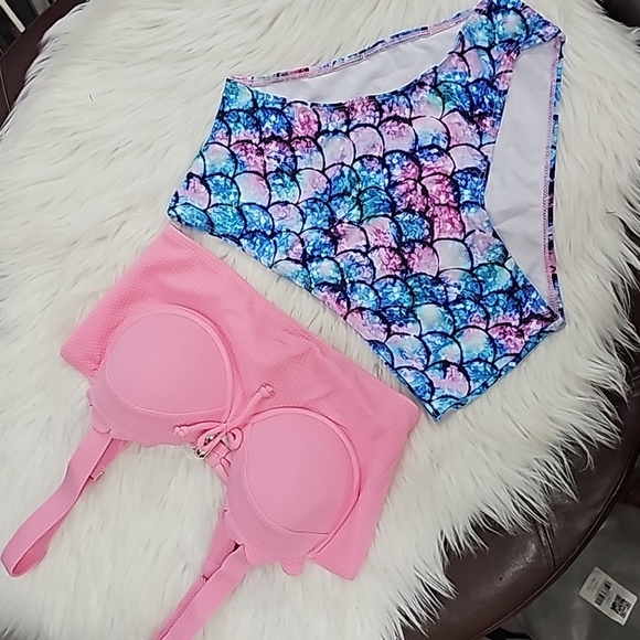 Mermaidcore ✦ Scalloped Tankini Bikini Set ✦ Pink Sweetheart Top + High-Waisted - Picture 4 of 15